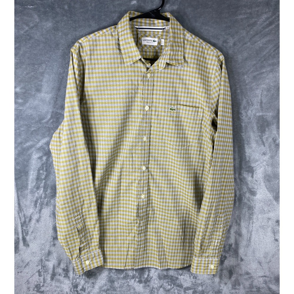 Lacoste Shirt Regular Fit Mens Medium Yellow Long Sleeve Gingham Check Cotton